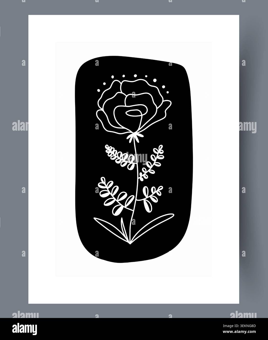 Emblème floral minimal avec fleur de ligne blanche sur panneau arrondi noir Illustration de Vecteur