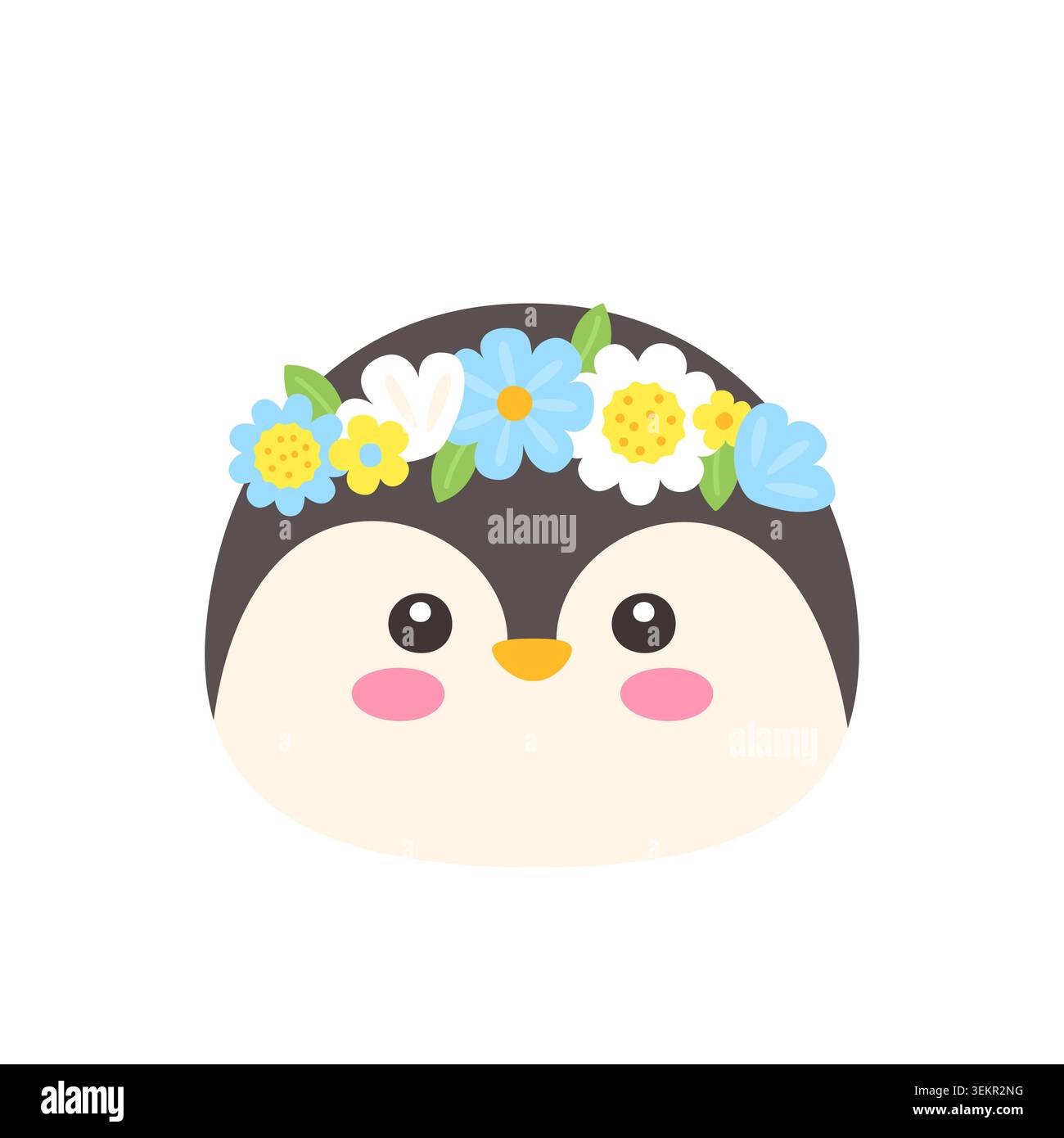 Mignon visage de pingouin Kawaii avec illustration vectorielle plate de couronne de fleur sur fond blanc Illustration de Vecteur