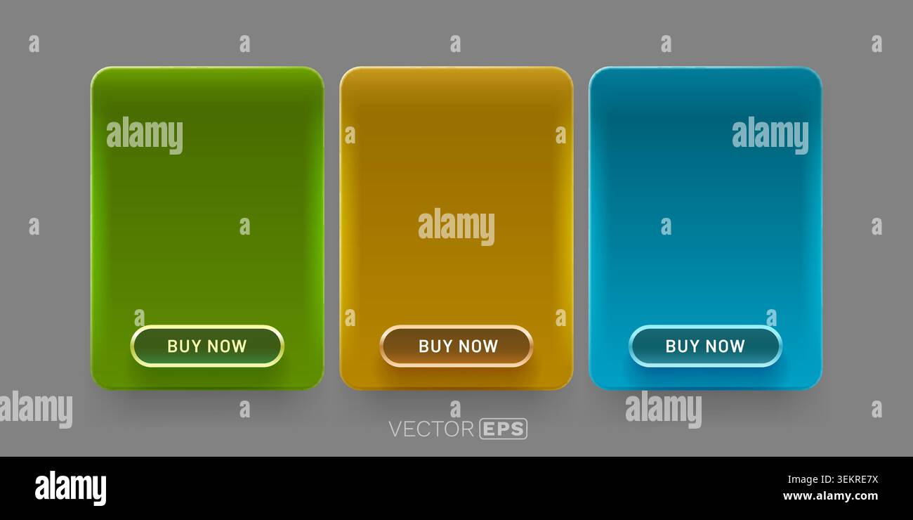 Ensemble de trois boutons colorés acheter maintenant avec des cadres brillants pour la conception Web et le e-commerce. Illustration vectorielle. Illustration de Vecteur