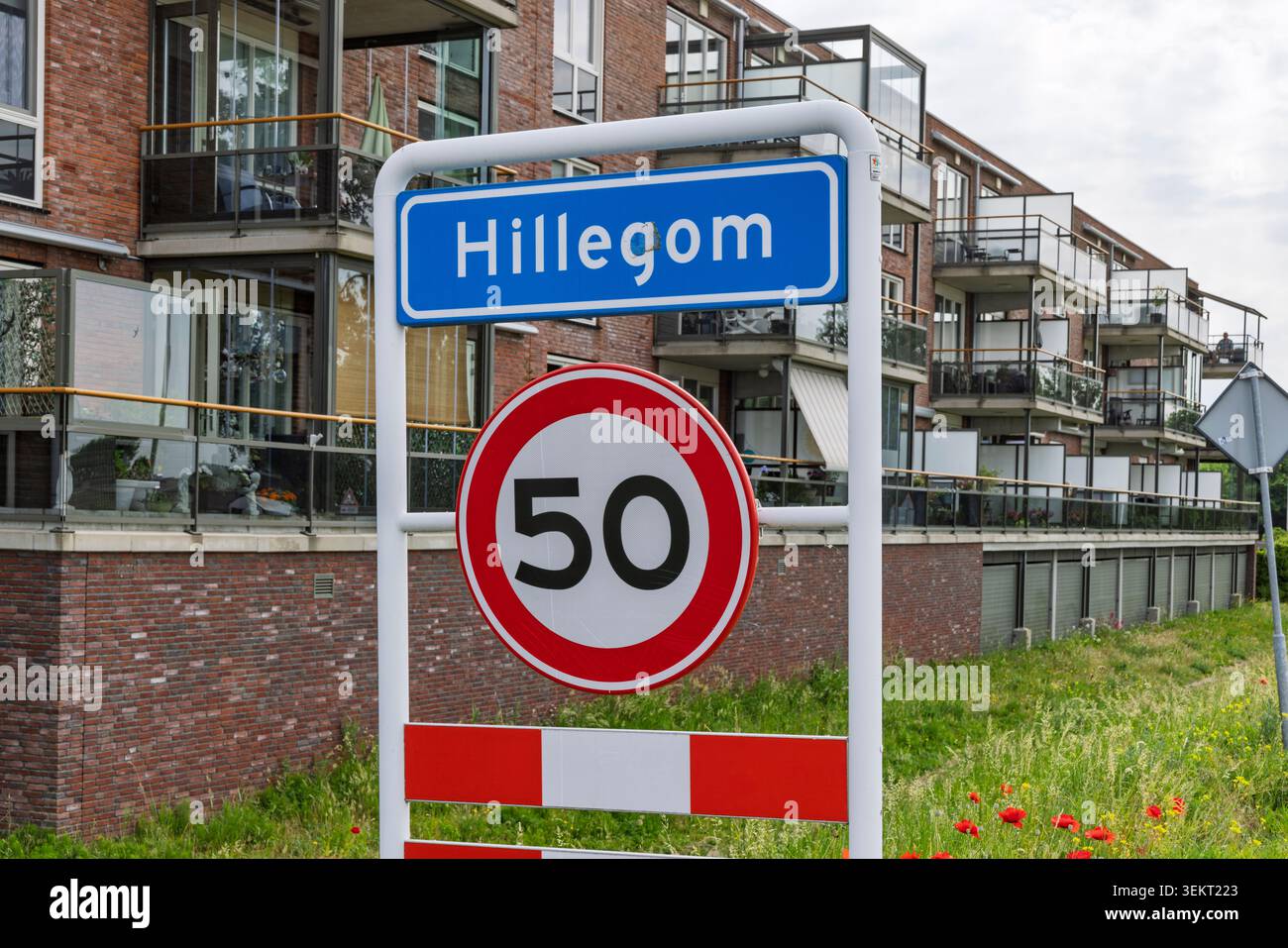 Hillegom, pays-Bas - panneau de nom de ville bleu pour Hillegom combiné avec un panneau de limite de vitesse de 50 kilomètres par heure devant les immeubles d'habitation. Banque D'Images