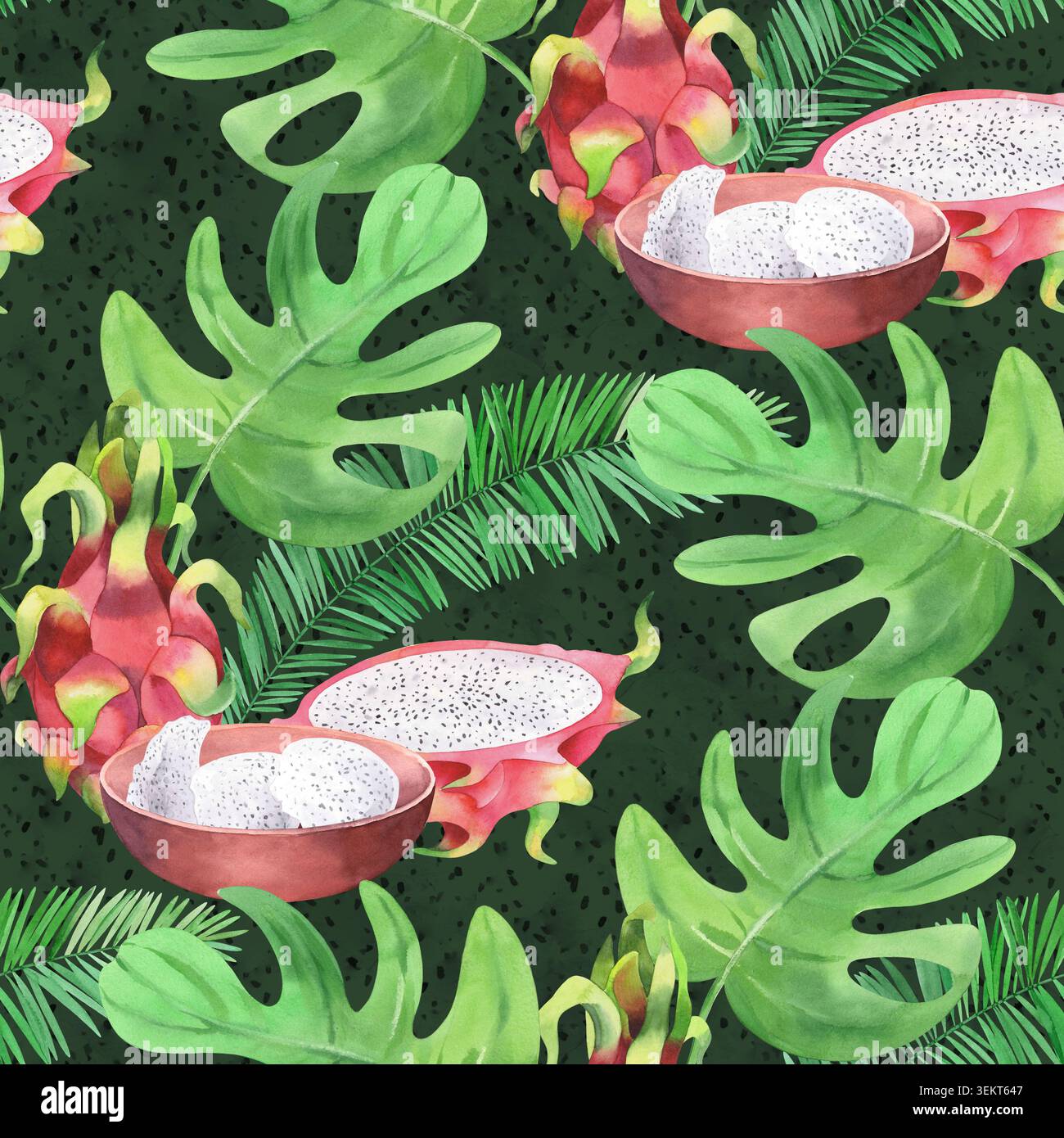 Motif sans couture des feuilles de pitahaya, bol, palmier et monstera avec les graines de pitahaya sur un fond vert. Illustration aquarelle. Pour la conception Banque D'Images