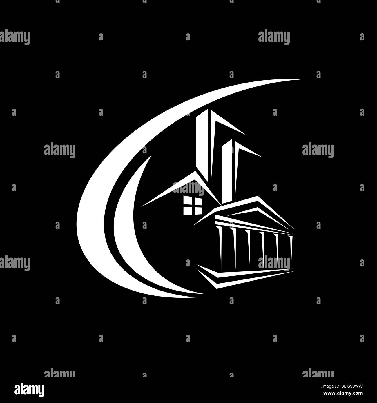 Logo immobilier sophistiqué avec des bâtiments modernes, des détails architecturaux et une forme de croissant fluide symbolisant la croissance. Illustration de Vecteur