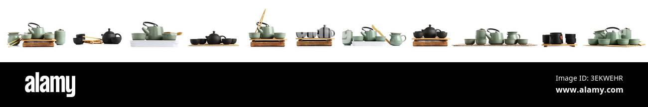 Collection panoramique de services à thé et théières en céramique assortis avec tasses, bols et plateaux en bois isolés sur fond blanc, table de cuisine minimaliste Banque D'Images