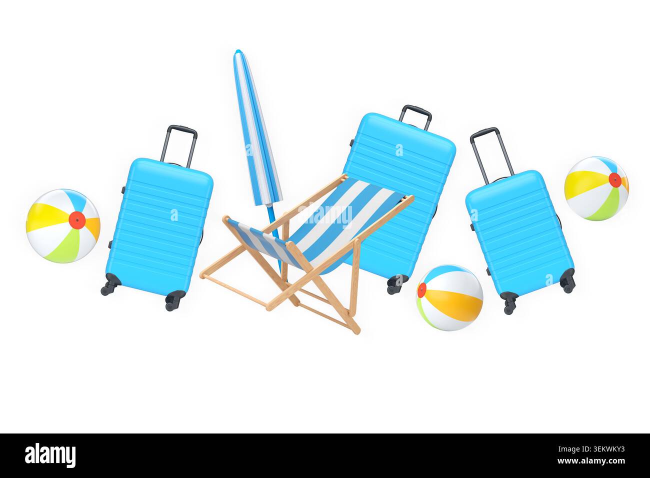 Ensemble de valises, parasol rayé, chaise de plage et balles de plage isolé sur fond blanc. Concept de plaisir de vacances d'été Banque D'Images