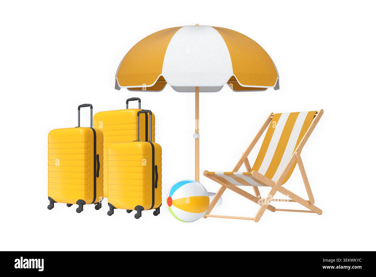 Articles de vacances d'été, y compris les valises, ballons de plage, chaise et accessoires sur fond blanc, concept de voyage de vacances Banque D'Images