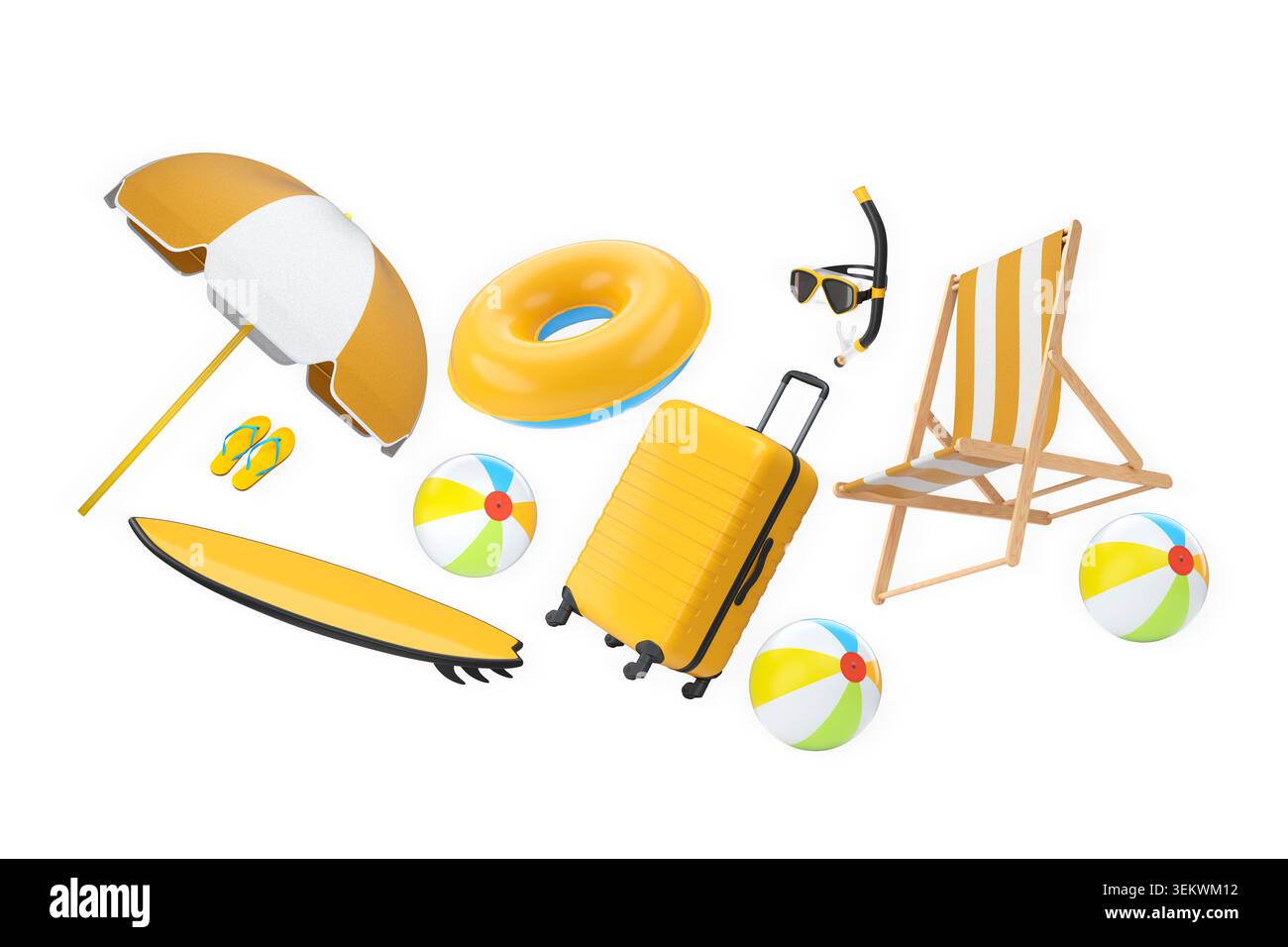 Ensemble de valises, parasol rayé, chaise de plage et balles de plage isolé sur fond blanc. Concept de plaisir de vacances d'été Banque D'Images