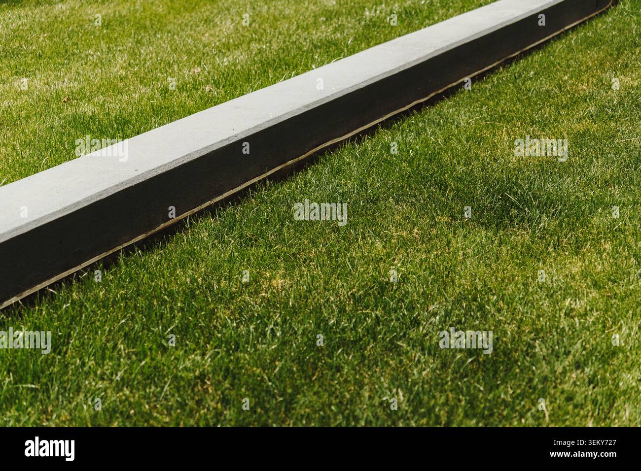 Pelouse bien entretenue avec une bordure architecturale propre dans un espace extérieur aménagé. Concept de conception de jardin. Banque D'Images