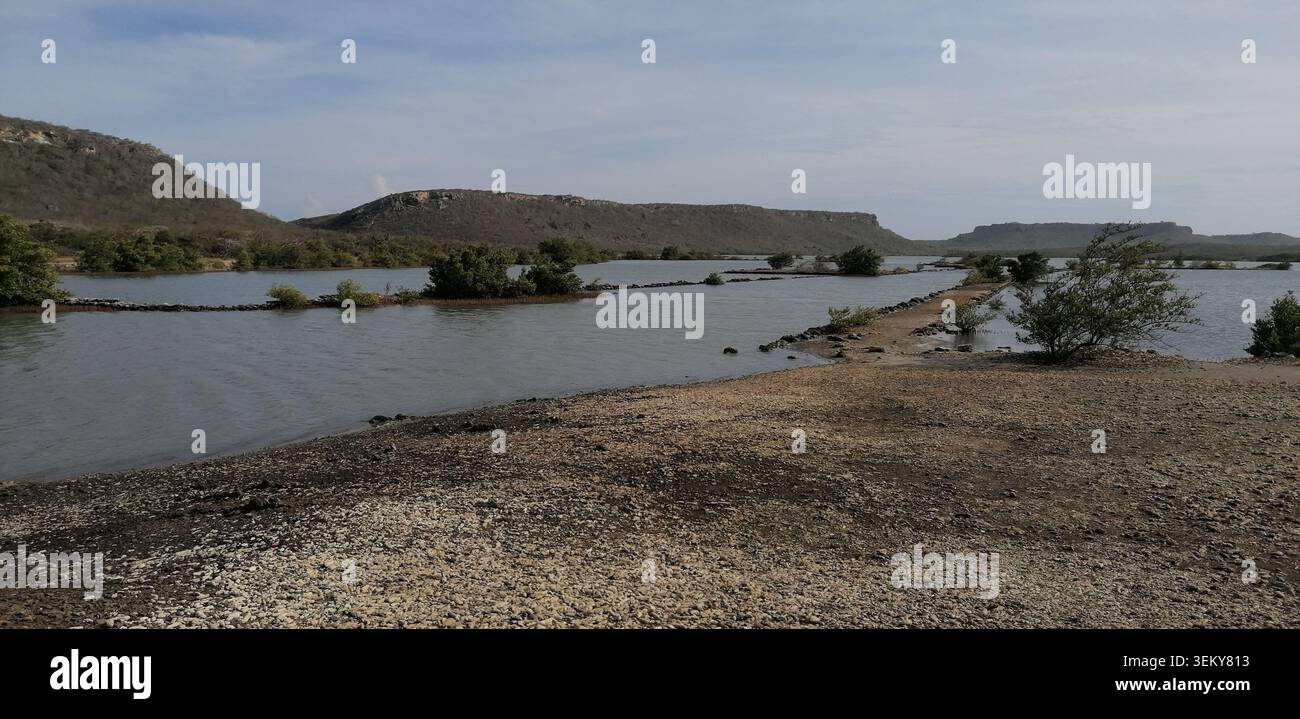 Salines Jan Kok à Curaçao, avec des lagons peu profonds, un terrain accidenté et un paysage pittoresque entouré de collines basses - Image de stock capturée avec un smartphone