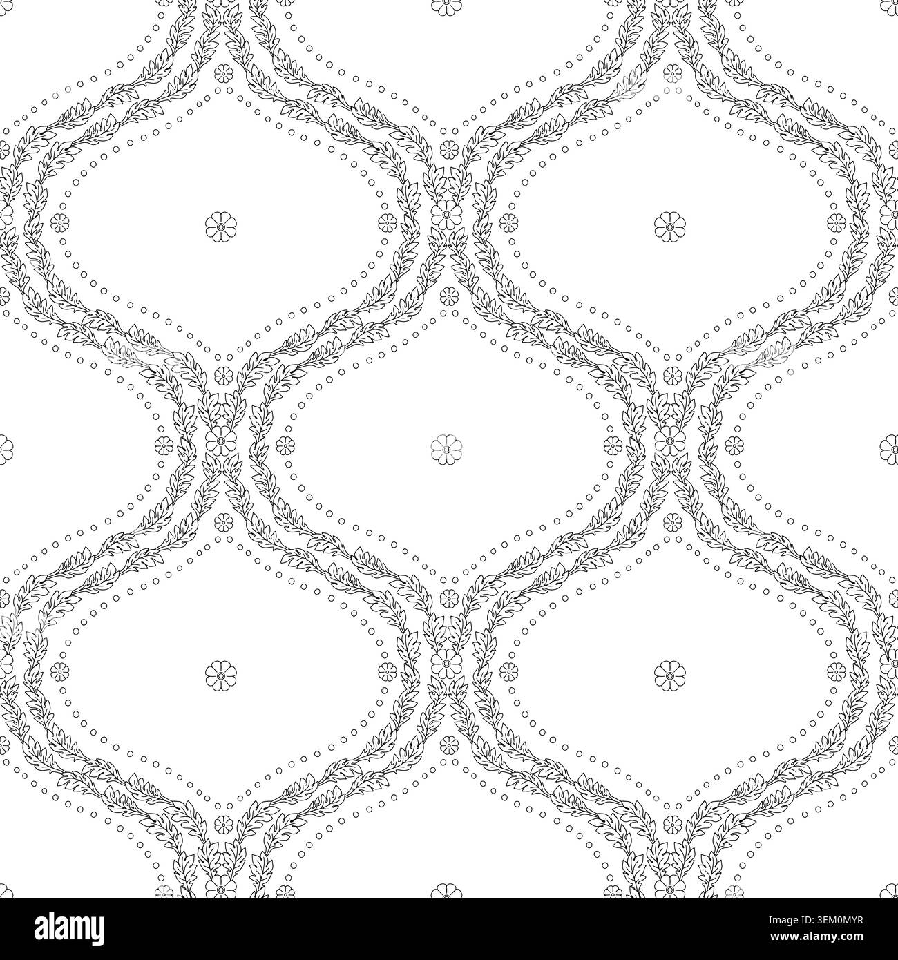 Motif sans couture avec motifs géométriques linéaires noirs ogée floral sur fond blanc Illustration de Vecteur