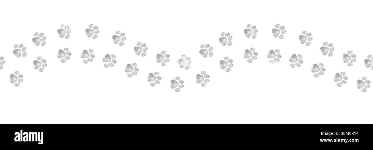 bordure d'impression de pattes sans couture avec arrangement ondulé d'empreintes de chiens aquarelle Convient aux emballages pour animaux de compagnie, cartes de voeux, textiles, soutien-gorge vétérinaire Banque D'Images