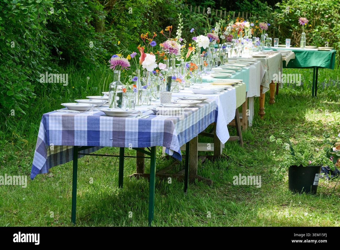 Table de mariage florale rustique dans la campagne en été Banque D'Images