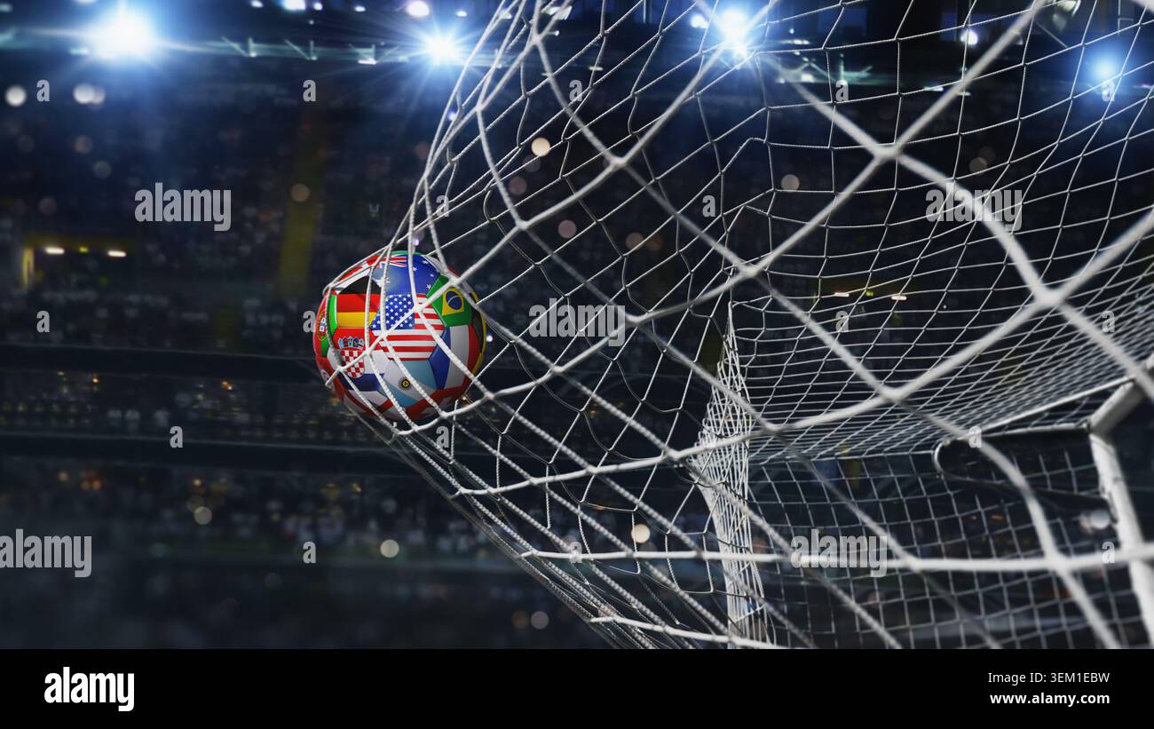 Un ballon de football recouvert de plusieurs drapeaux nationaux symbolisant un tournoi international de football dans le filet de but de football dans le stade de football. Banque D'Images