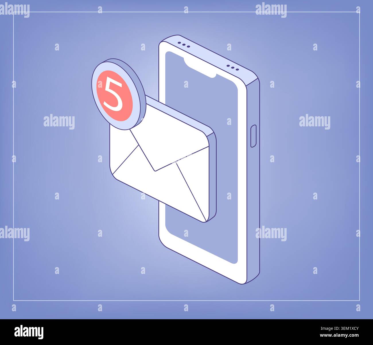 E-mail. Smartphone avec icône d'enveloppe. Cinq messages non lus. Illustration vectorielle isométrique pour l'interface d'application de communication Illustration de Vecteur