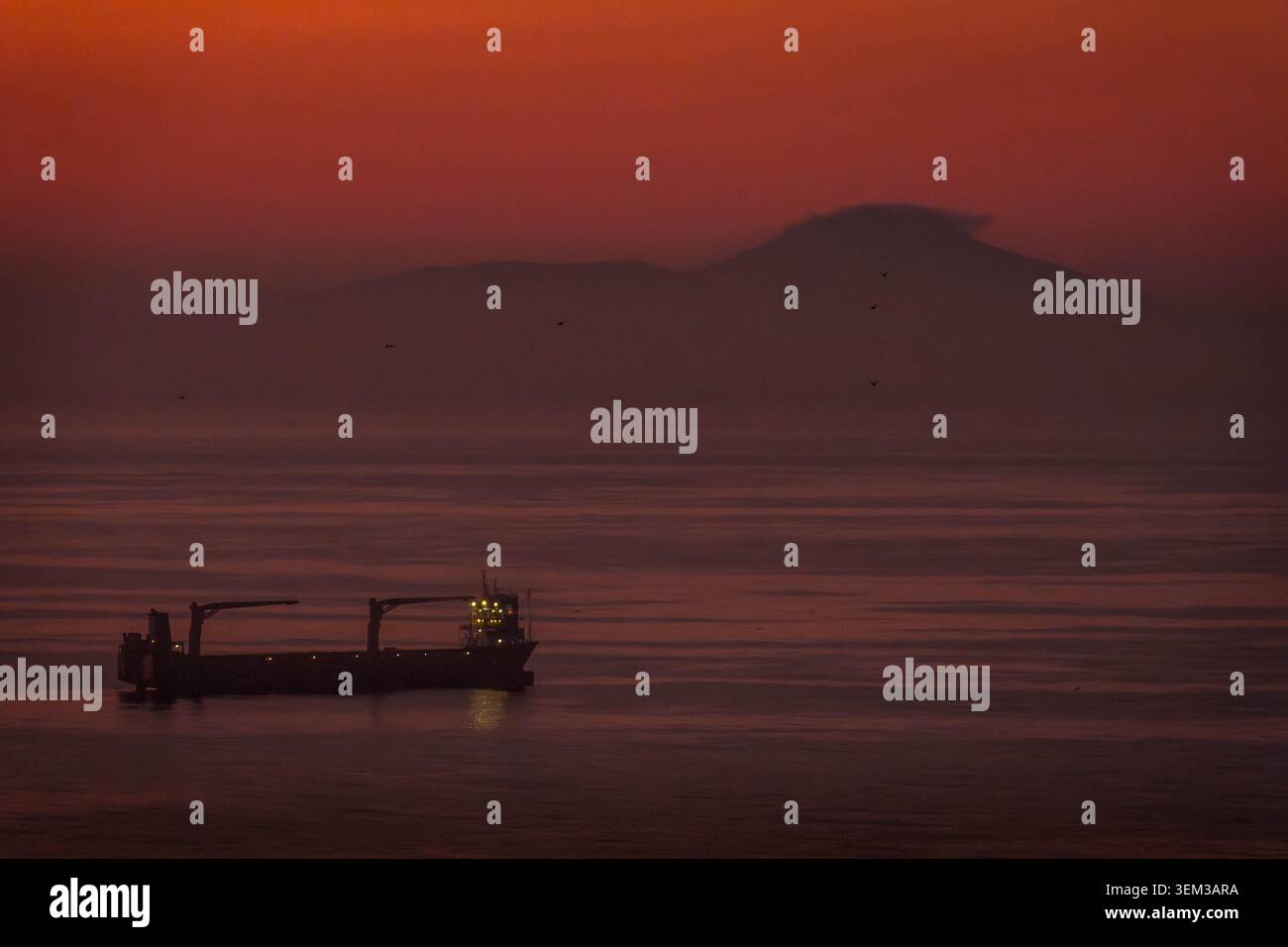 Vue matinale de la mer du Japon avec un bateau de pêche dans la baie d'Ussuri lors d'un lever de soleil doux et rosé. Banque D'Images