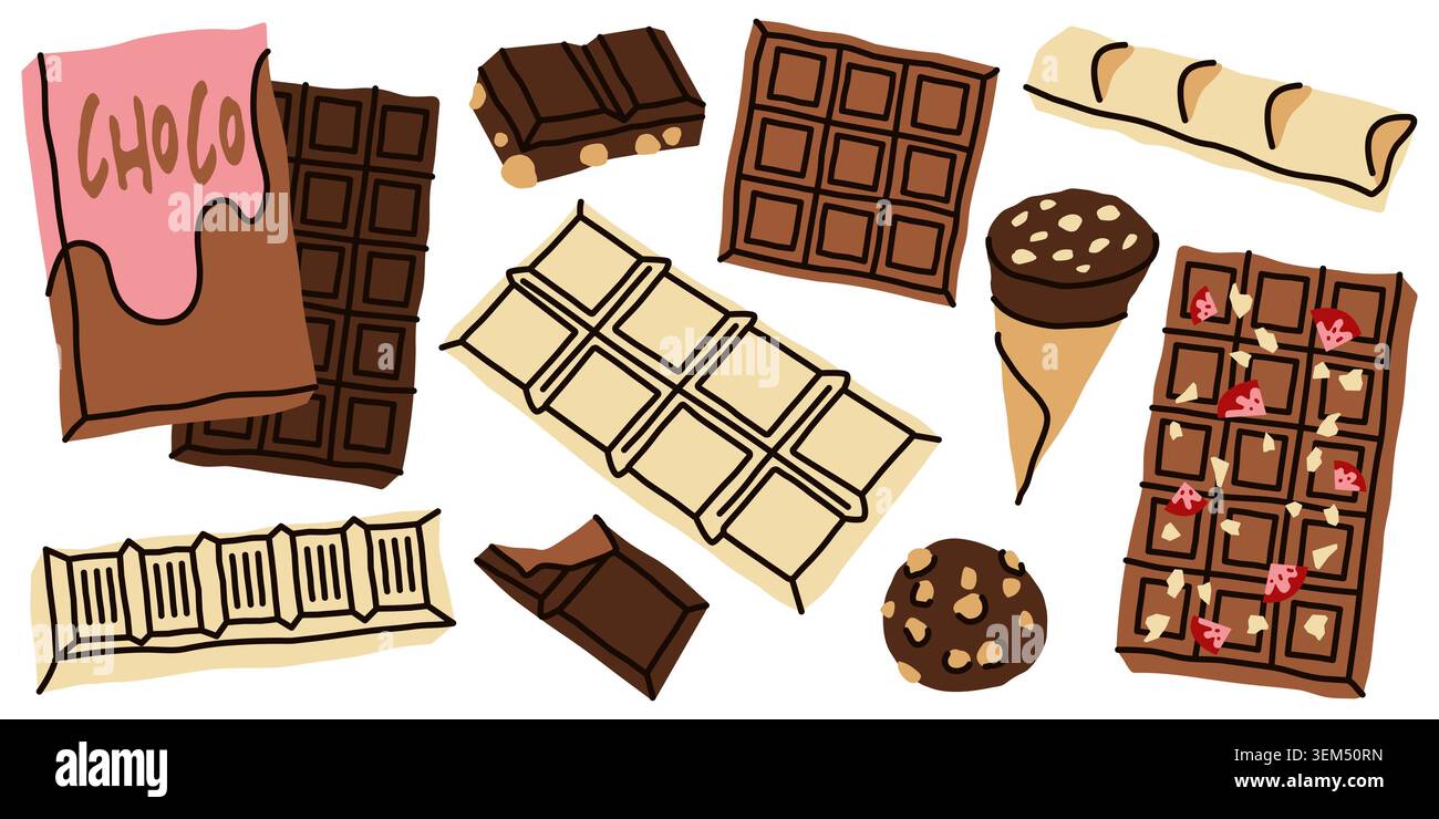 Barres de chocolat, desserts sucrés et truffes dans le style dessiné à la main. Ensemble de chocolat noir, au lait et blanc avec des noix et des fraises pour l'emballage alimentaire Illustration de Vecteur