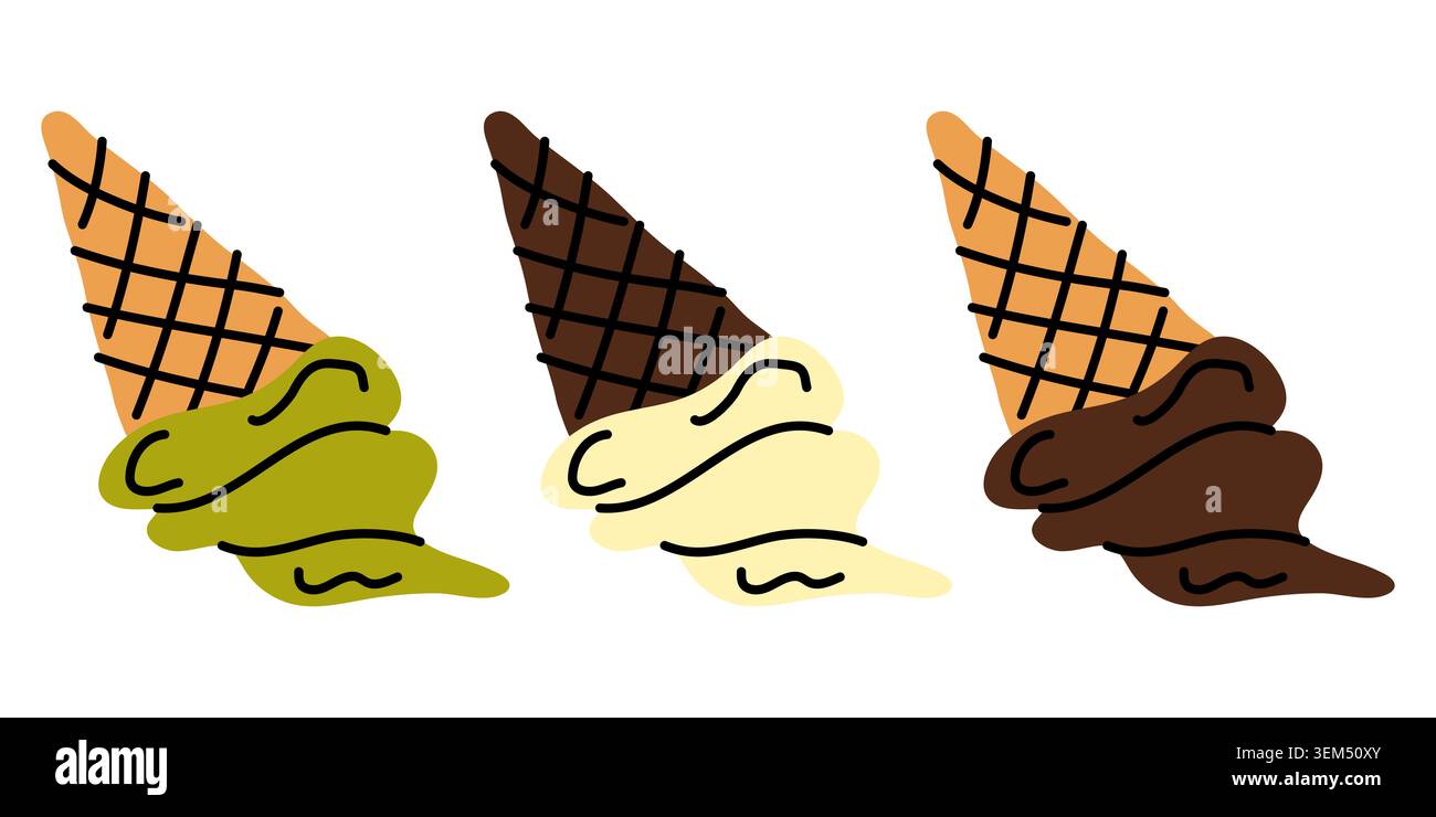 Trois cônes de crème glacée fondants aux saveurs pistache, vanille et chocolat. Illustration vectorielle plate dessinée à la main minimaliste de délicieuse friandise glacée Illustration de Vecteur