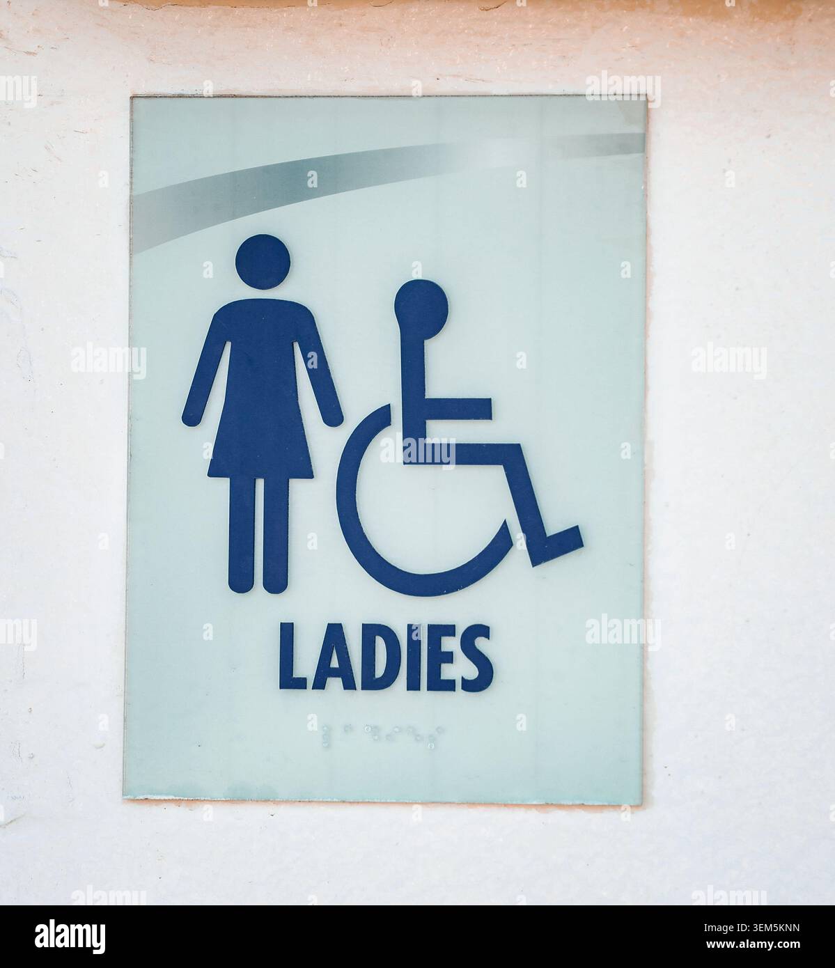 Signe de toilettes pour dames avec icônes accessibles aux femmes et aux fauteuils roulants sur le mur blanc Banque D'Images