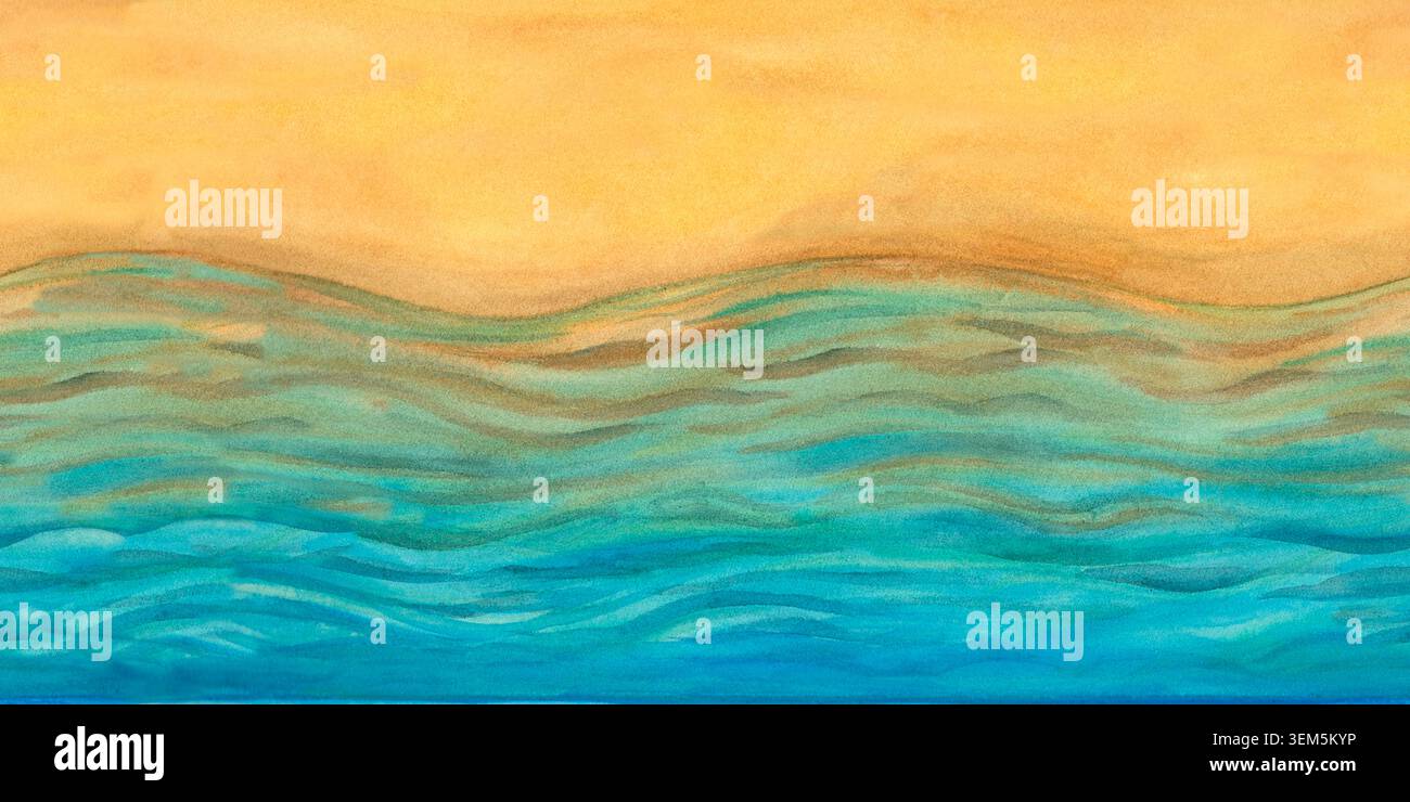 Aquarelle peinte à la main frontière sans couture de l'océan avec des vagues turquoise coulantes et plage de sable doré. Fond coloré de conception côtière pour invitations Banque D'Images
