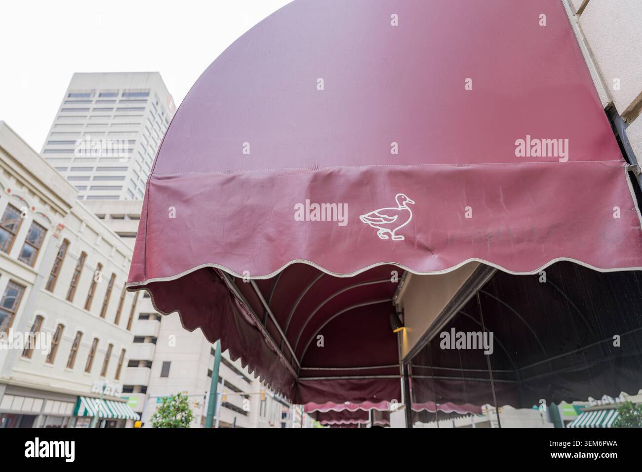 Memphis, États-Unis, le 23 MAI 2026 - Un auvent festonné marron avec un logo de contour de canard blanc recouvre une entrée de magasin sur un wit de la rue de la ville Banque D'Images