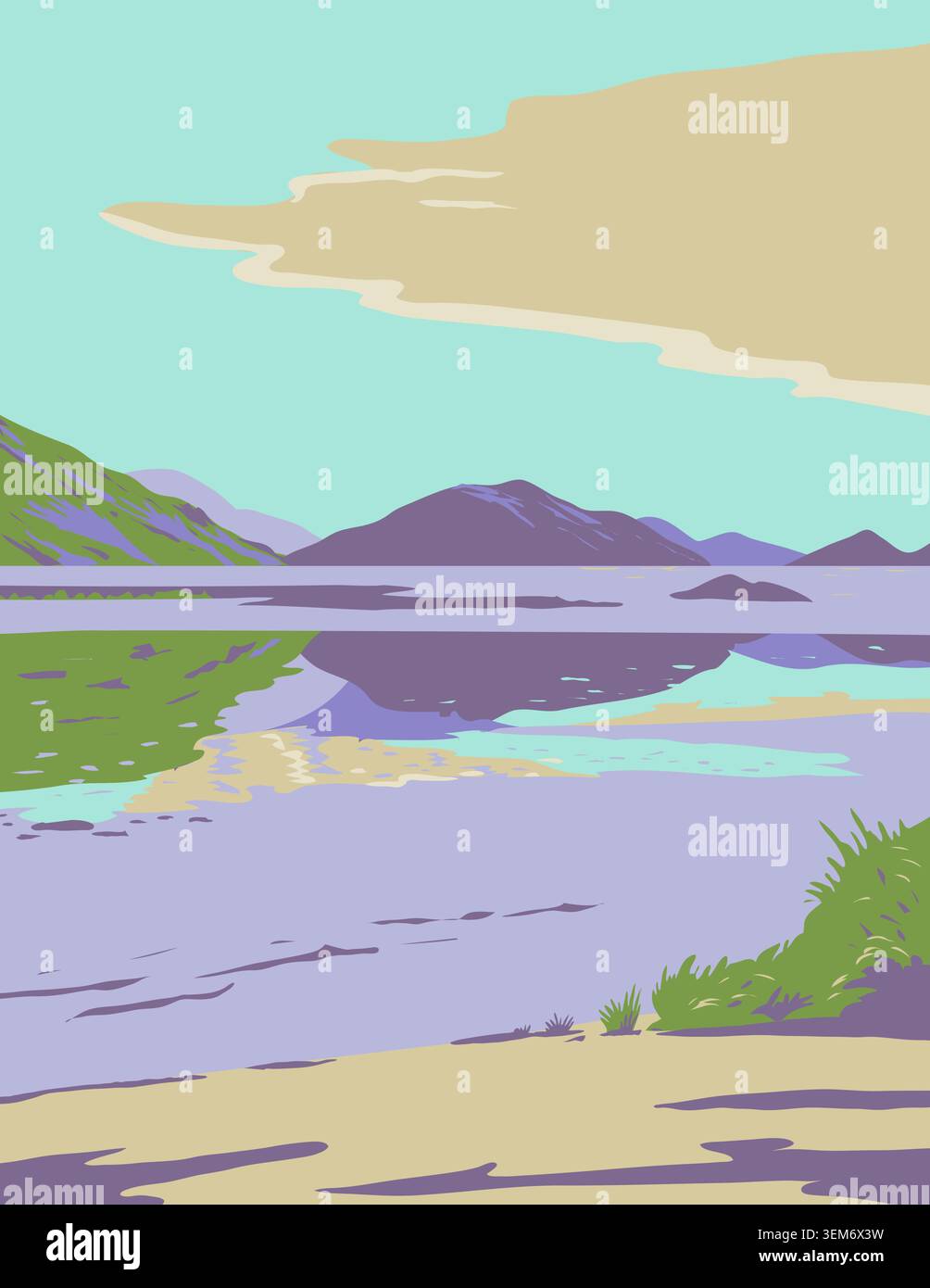 WPA affiche art de la tête du lac Wakatipu à l'extrémité la plus septentrionale près de Glenorchy dans l'île du Sud de la Nouvelle-Zélande fait en travaux projet administra Illustration de Vecteur