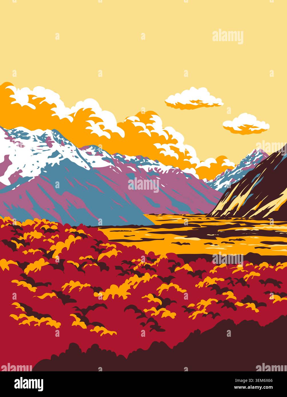 Art d'affiche WPA du parc national Aoraki Mount Cook dans la région de Canterbury dans l'île du Sud de la Nouvelle-Zélande fait dans l'administration du projet de travaux ou Illustration de Vecteur