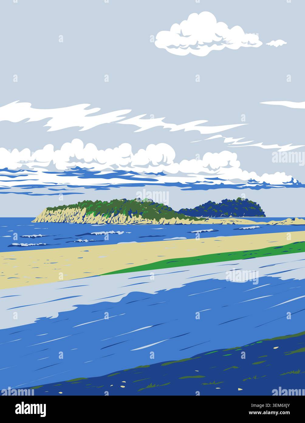 WPA affiche art de la plage principale du Mont Maunganui à Tauranga, Nouvelle-Zélande fait dans l'administration de projet d'œuvres ou de style fédéral de projet d'art. Illustration de Vecteur