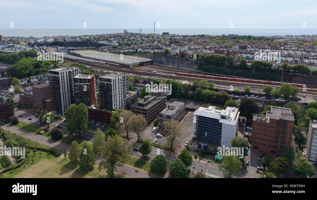 Vue drone de Brighton Railway depuis Preston Park Banque D'Images
