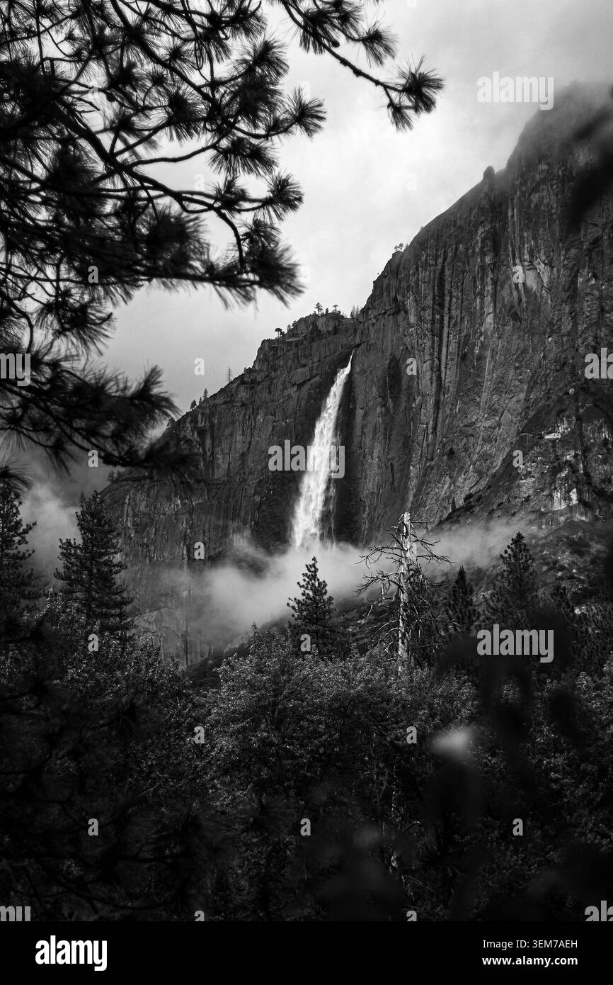 Yosemite Falls dans le parc national de Yosemite, Upper Yosemite chute comme vu depuis Housekeeping Camp par une journée brumeuse orageuse au printemps, noir et blanc Banque D'Images