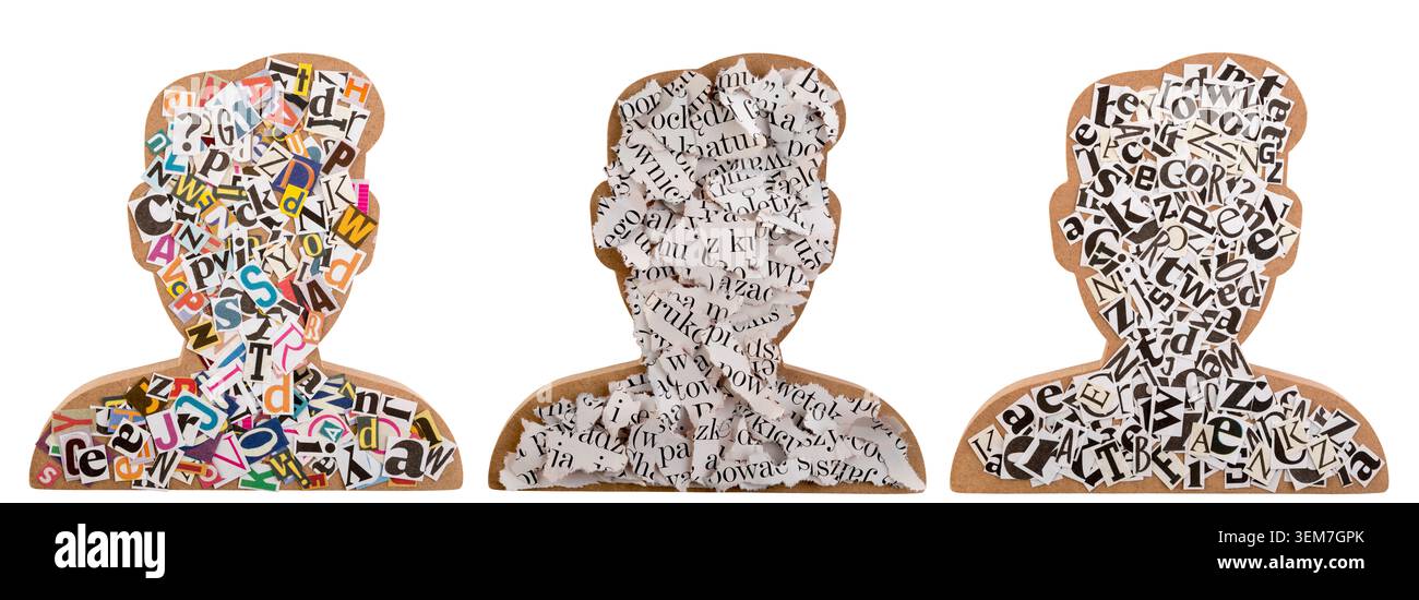 Ensemble de formes de tête humaine avec des lettres en papier de journaux et de magazines isolés sur fond blanc Banque D'Images
