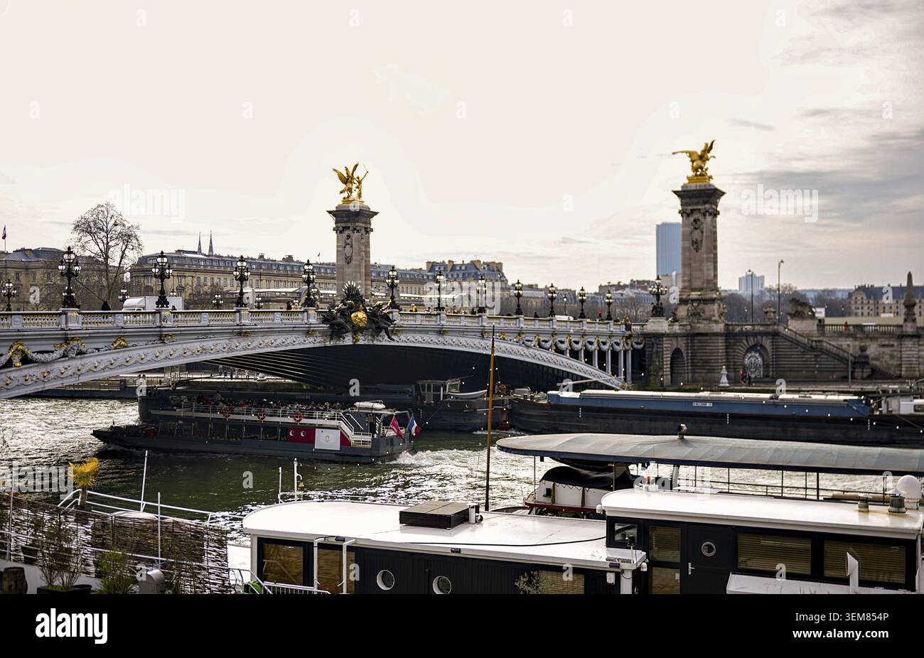 Vue sur le pont Alexandre III orné à Paris avec des bateaux passant en dessous et des sculptures dorées au-dessus, par temps nuageux Banque D'Images