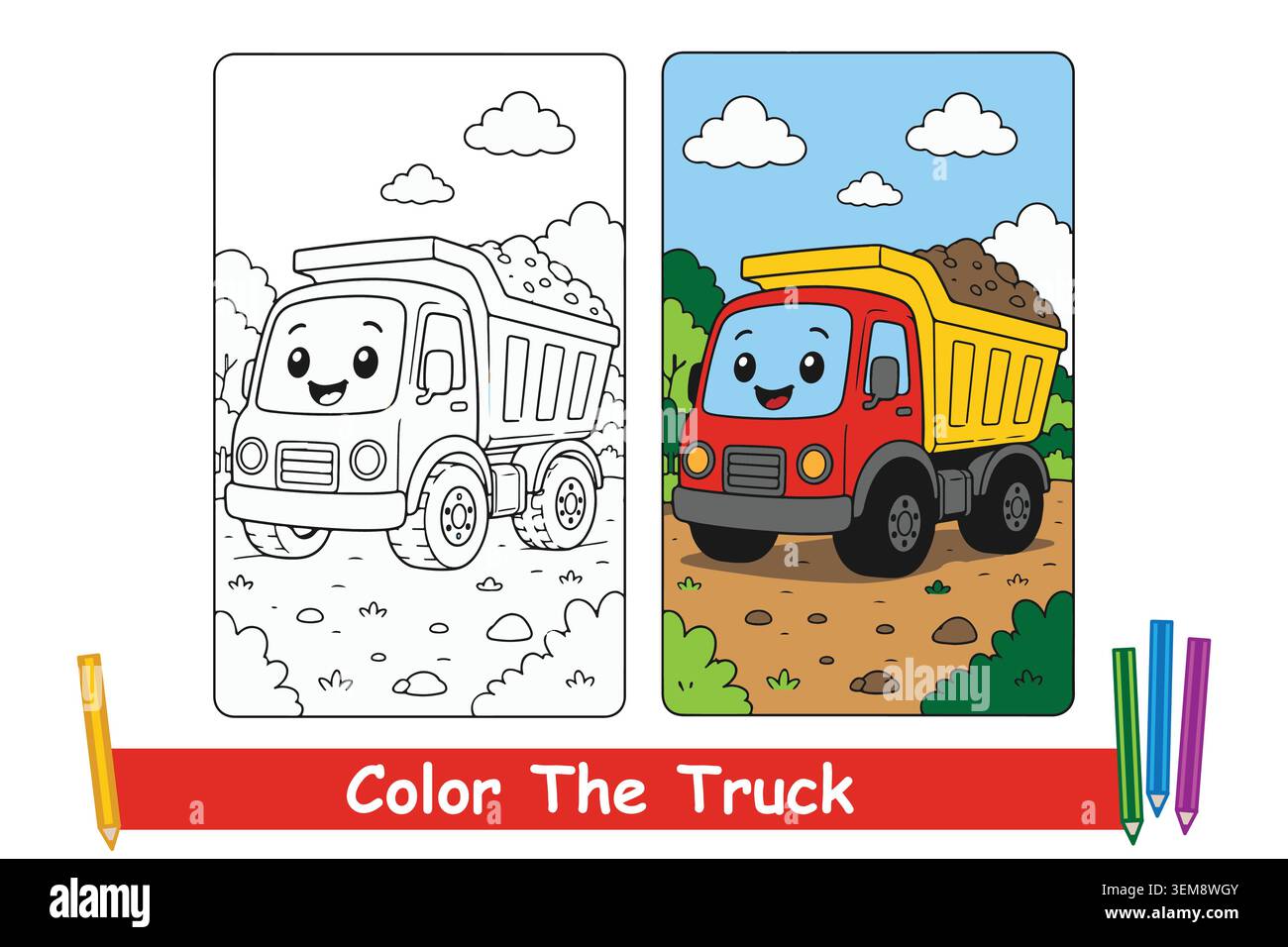 Page de coloriage de camion amusant pour les enfants avec des illustrations de véhicules de construction mignons pour des activités de coloriage éducatives. Illustration de Vecteur