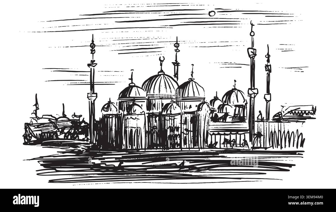 Dessin d'une mosquée musulmane avec des tours. Repère architectural abstrait non-existé dessiné à la main Église ou bâtiment dans un paysage de ville Illustration de Vecteur
