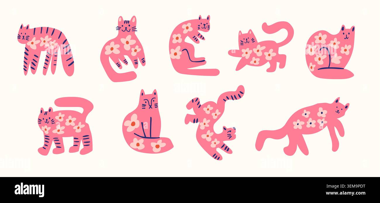 vector set avec des chats mignons avec des fleurs dans des couleurs chaudes, motif enfants. Illustration vectorielle Illustration de Vecteur