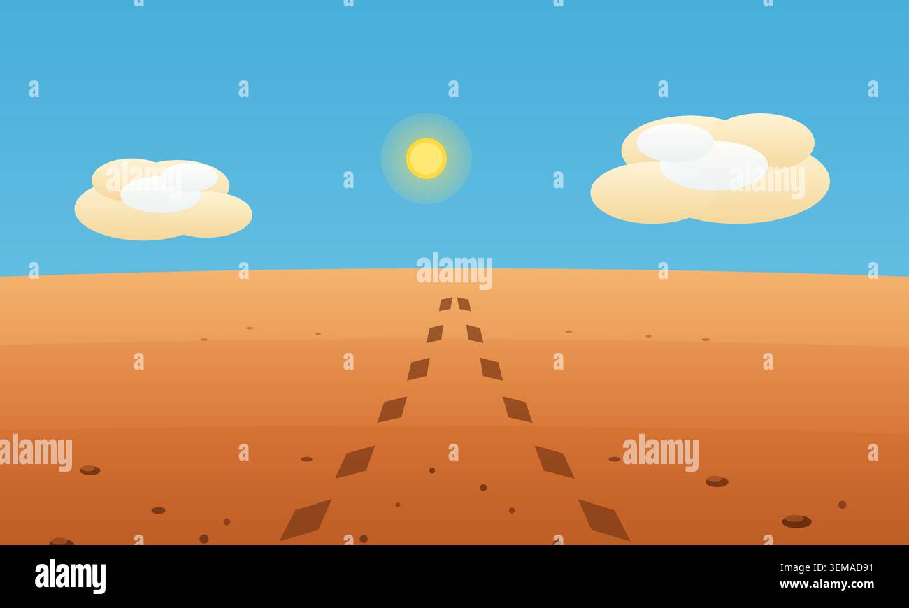 Paysage désertique avec des traces de pneus sur le sable sous un ciel bleu ensoleillé Illustration de Vecteur