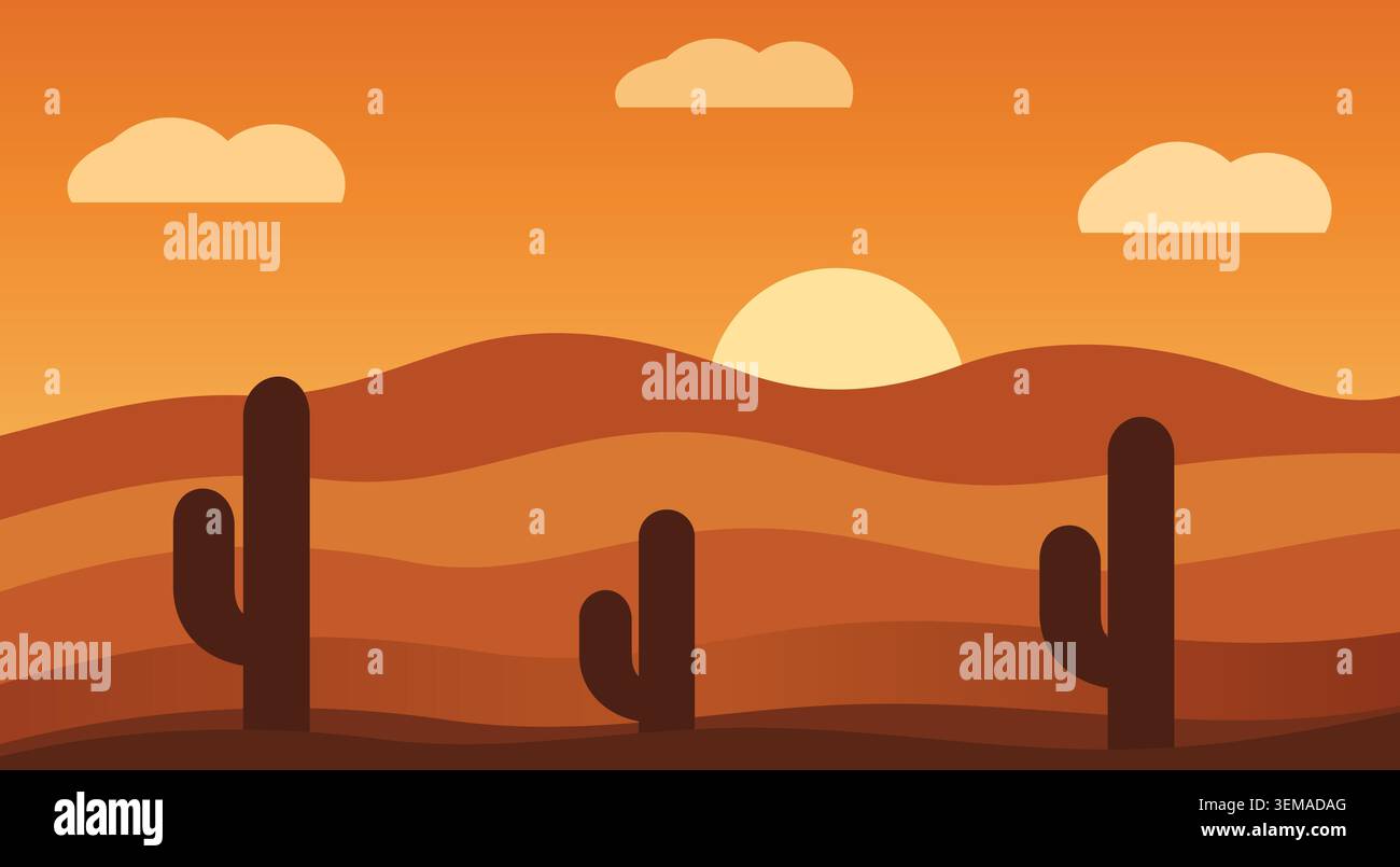 Paysage désertique minimaliste avec cactus et coucher de soleil dans un style vectoriel plat Illustration de Vecteur
