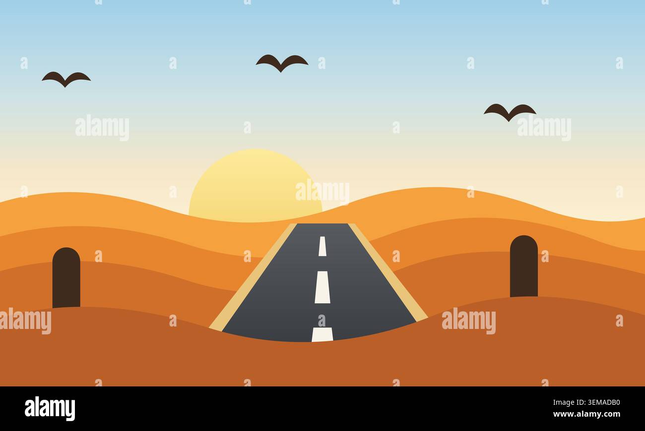 Paysage désertique minimaliste avec une route menant au coucher du soleil Illustration de Vecteur
