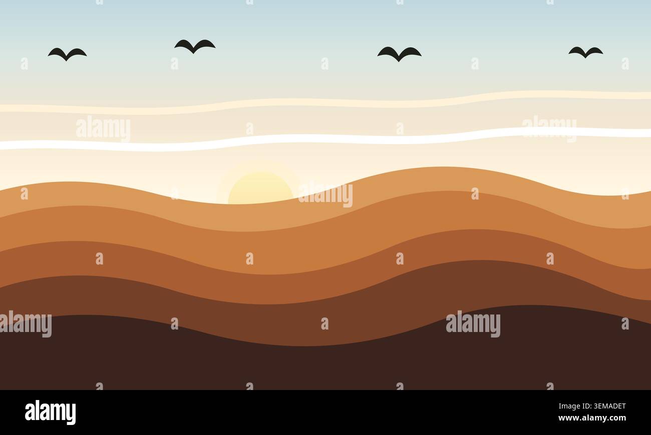 Paysage désertique abstrait avec coucher de soleil et oiseaux dans un style minimaliste Illustration de Vecteur