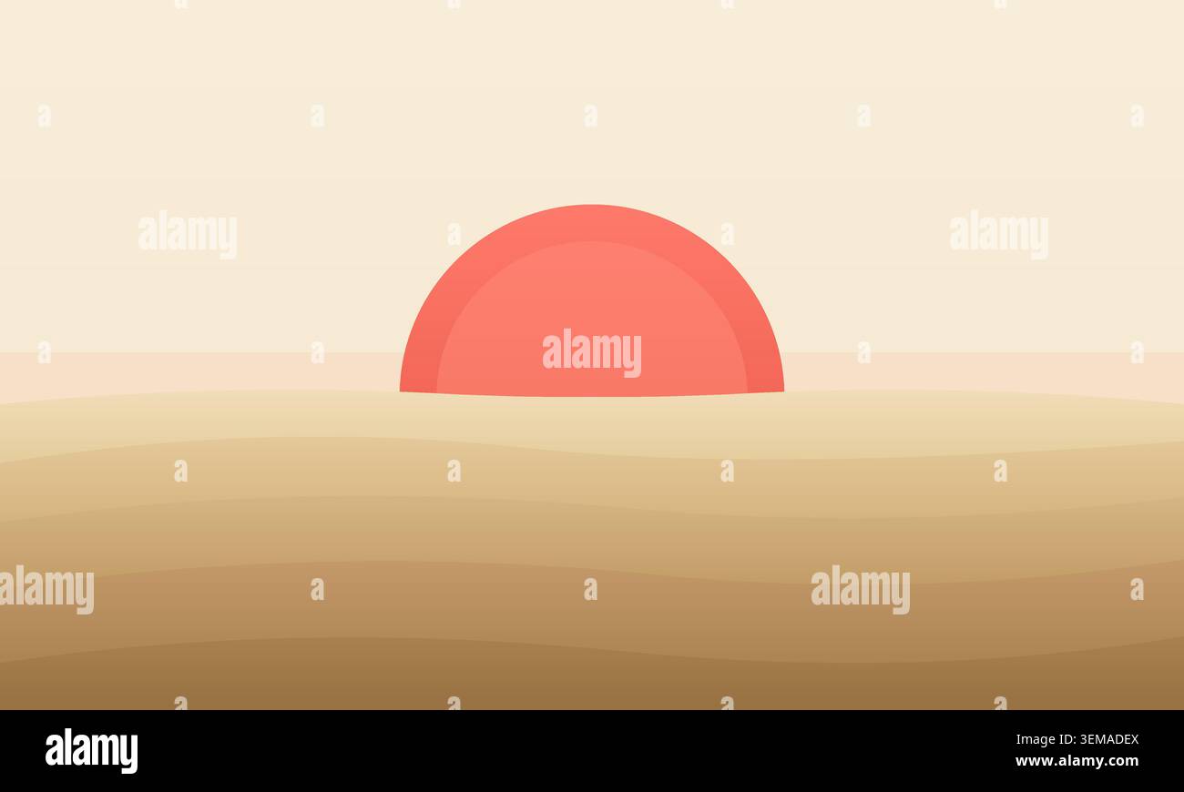 Illustration de paysage minimaliste avec un coucher de soleil rose sur des dunes de sable Illustration de Vecteur