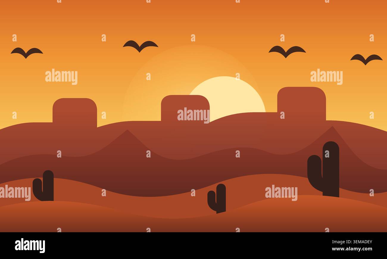 Paysage désertique minimaliste avec cactus et oiseaux au coucher du soleil Illustration de Vecteur