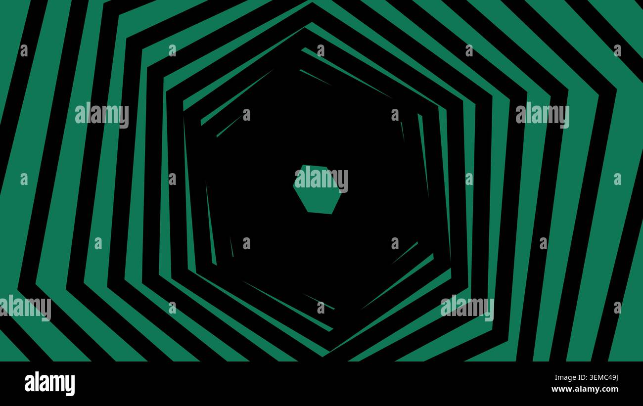 Illusion de tunnel géométrique vert et noir avec des formes de pentagone superposées. Idéal pour les affiches abstraites, les fonds d'écran numériques, les designs futuristes, les visuels techno et les arrière-plans de mouvement hypnotiques Illustration de Vecteur