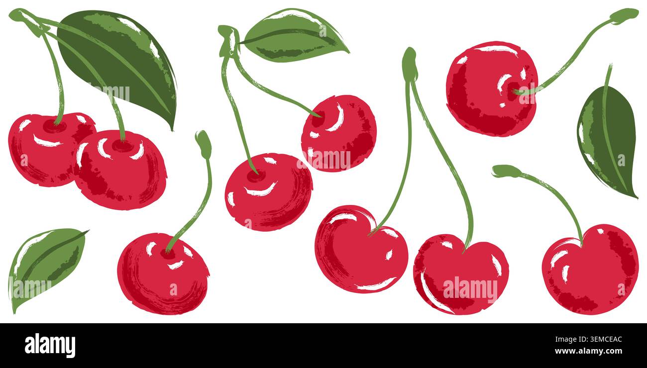 Ensemble de fruits de cerise d'aquarelle vectorielle. Illustration de baies de cerises rouges dessinées à la main. Éléments de design isolés vintage tendance Illustration de Vecteur