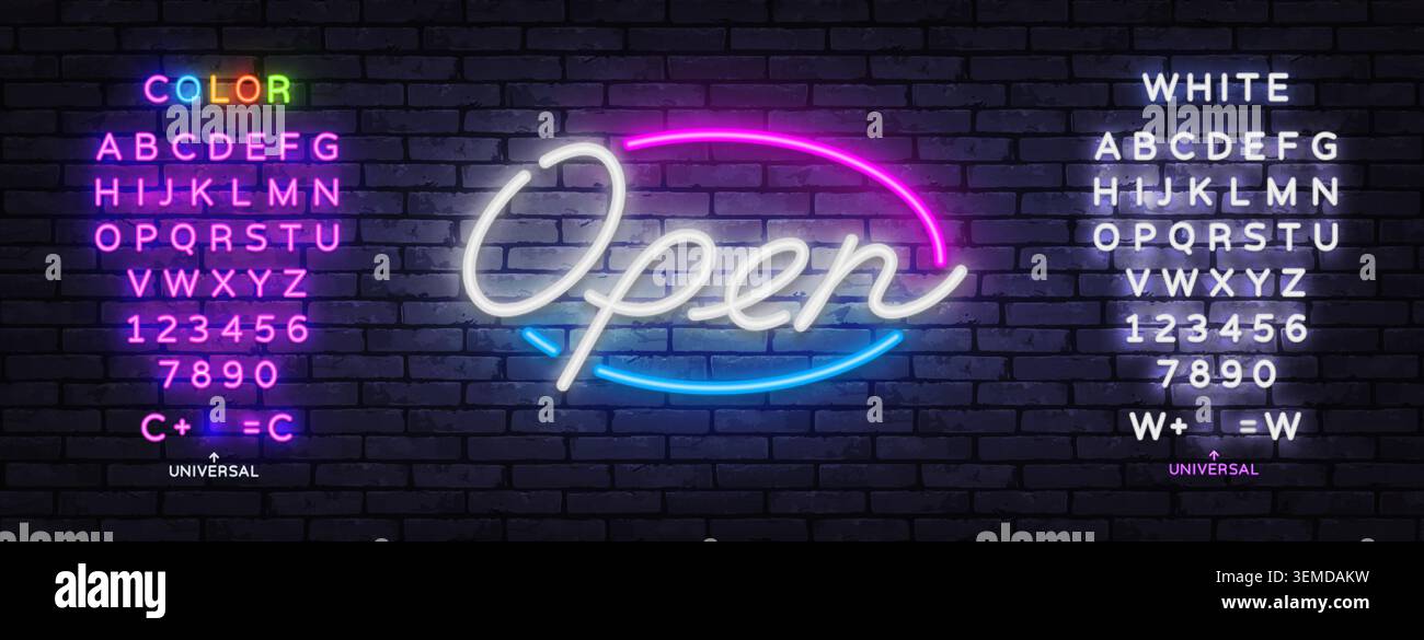 Enseigne ouverte au néon modifiable avec alphabet lumineux et nombre défini sur le mur de briques. Modèle de typographie rétro pour logo, vitrine, café ou image de marque de vie nocturne Illustration de Vecteur