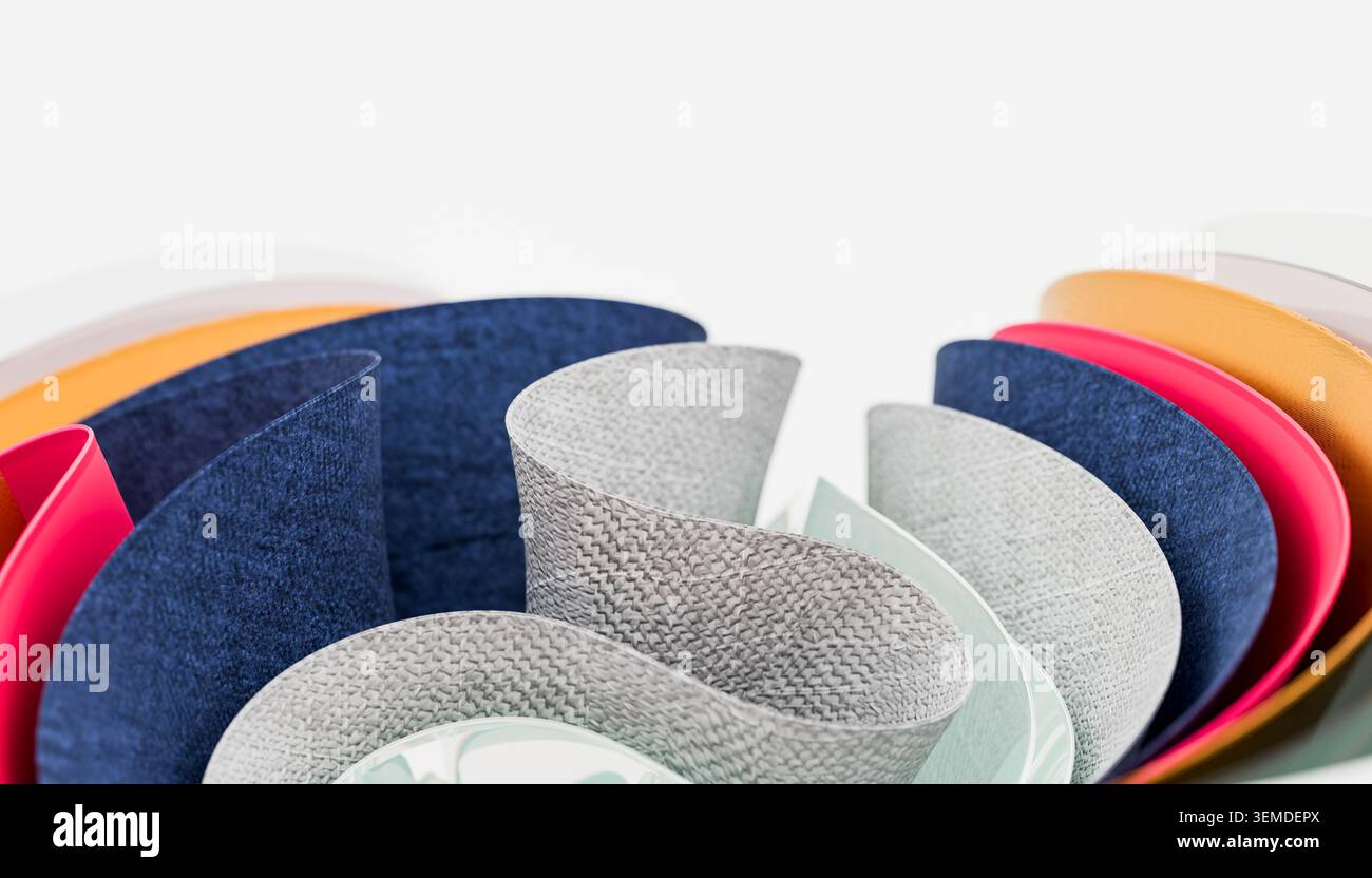 Composition abstraite de rubans de papier courbes en couches bleu, gris, rouge et or, formant un motif de vague moderne sur un fond blanc propre avec copie Banque D'Images