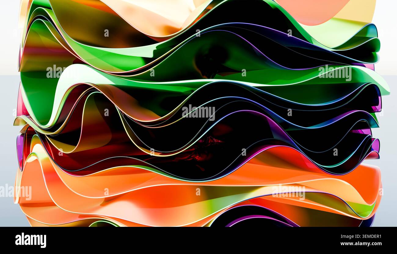 Vagues superposées 3D abstraites dans des tons vifs vert, orange et noir, formant des courbes fluides lisses sur un fond blanc propre, idéal pour la desig moderne Banque D'Images