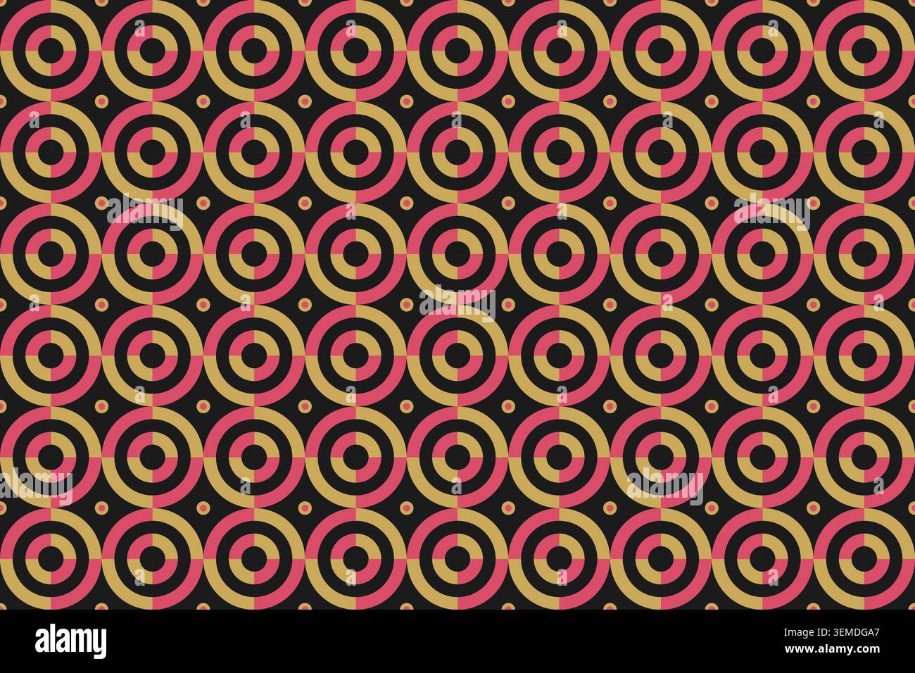 Un motif répétitif de cercles en rose, jaune et noir forme un design audacieux. Ce motif est idéal pour le tissu ou le papier peint. La conception comporte vari Banque D'Images