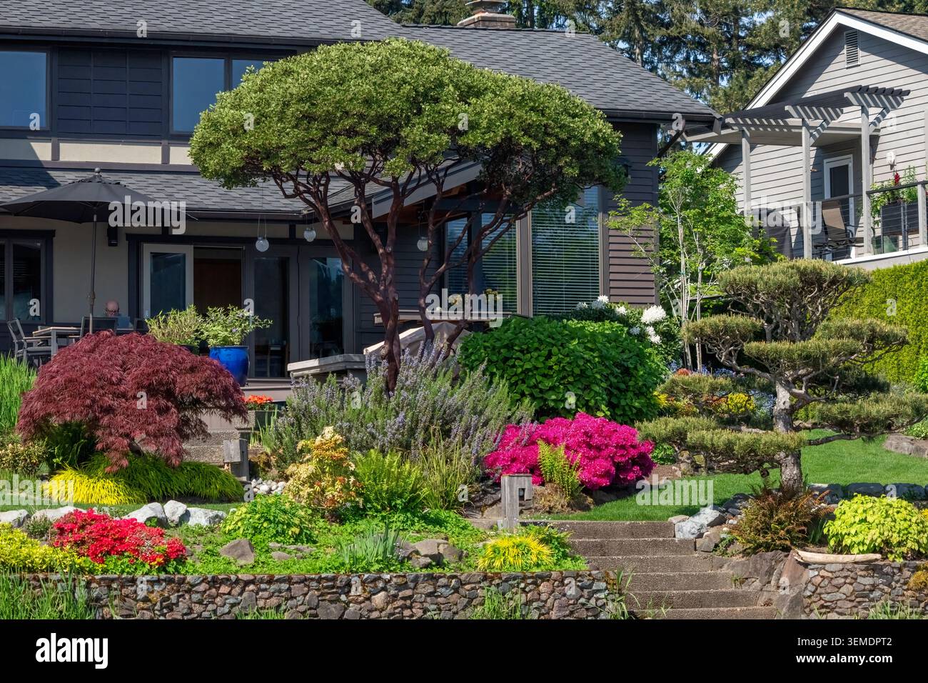 Lake Sammamish State Park, Issaquah, Washington, États-Unis. Jardin de rocaille coloré avec un mur de soutènement en pierre, à côté du lac, y compris un M nain Banque D'Images