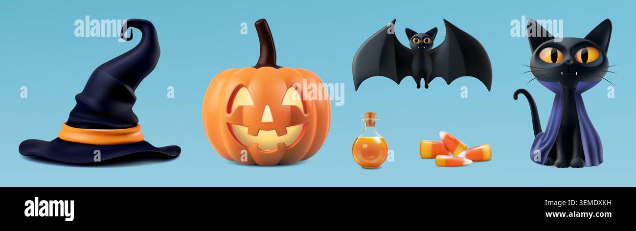 Ensemble de vecteur 3d heureux halloween. Chapeau de sorcière, lanterne de citrouille sculptée, chat noir en costume de dracula, chauve-souris vampire, potion magique et bonbons sucrés Illustration de Vecteur