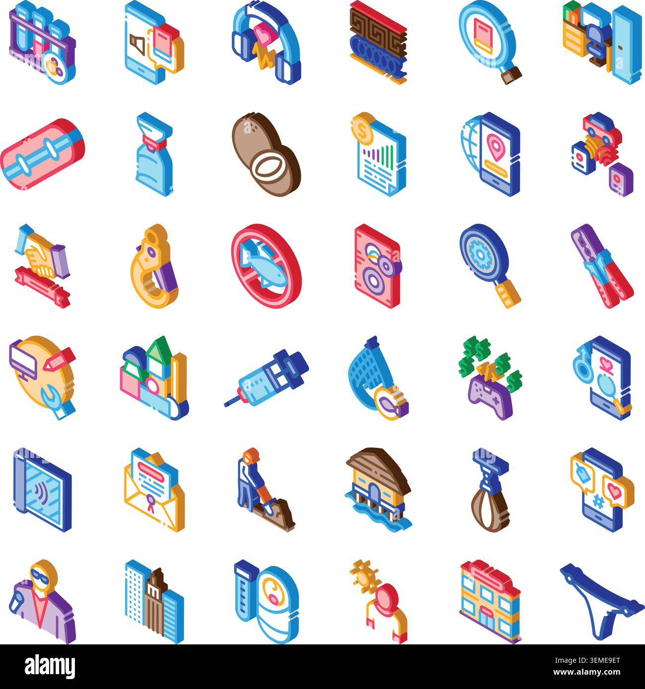Icônes colorées isométriques illustrant les applications et services modernes Illustration de Vecteur