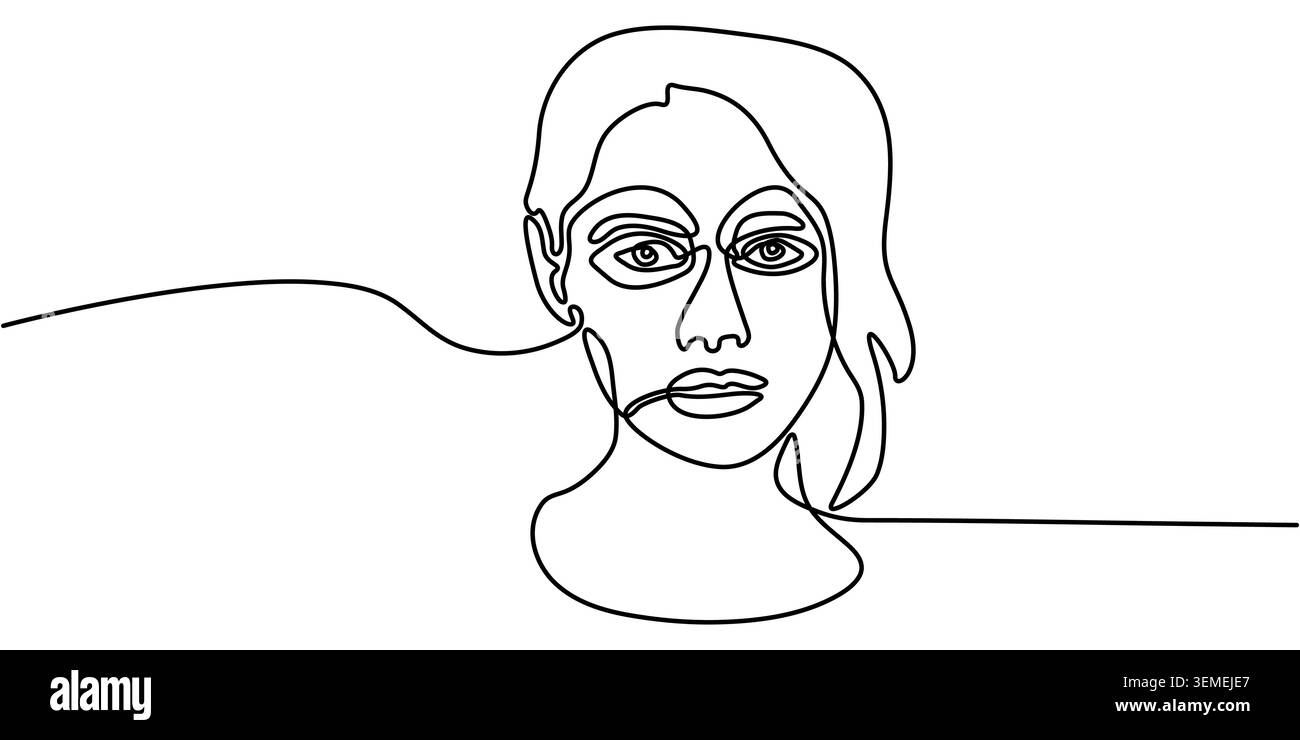 Dessin minimaliste en ligne continue d'un portrait du visage frontal d'une femme Illustration de Vecteur