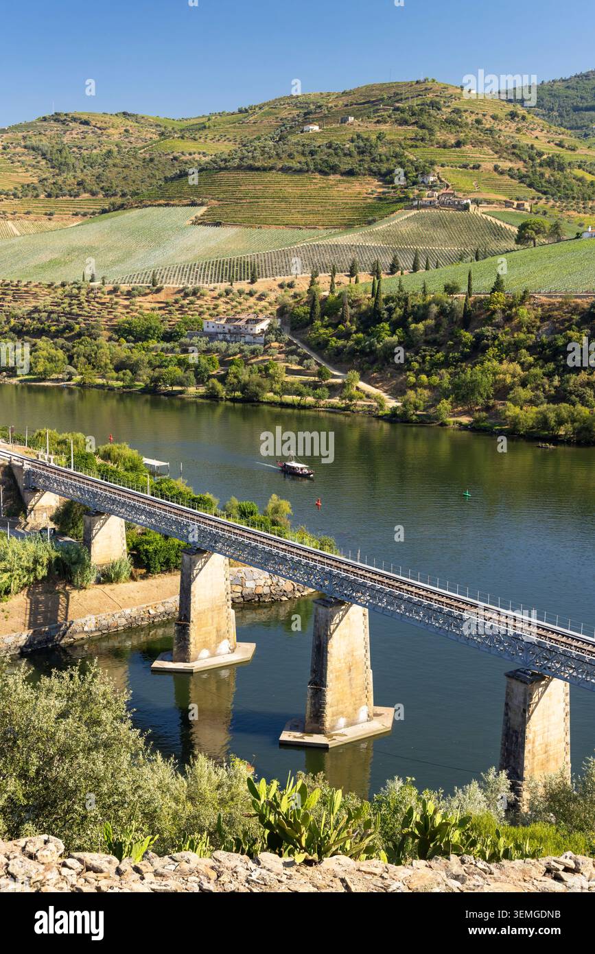 Paysage de la vallée du fleuve Douro montrant un pont de train historique, un bateau traditionnel et des vignobles en terrasses Banque D'Images